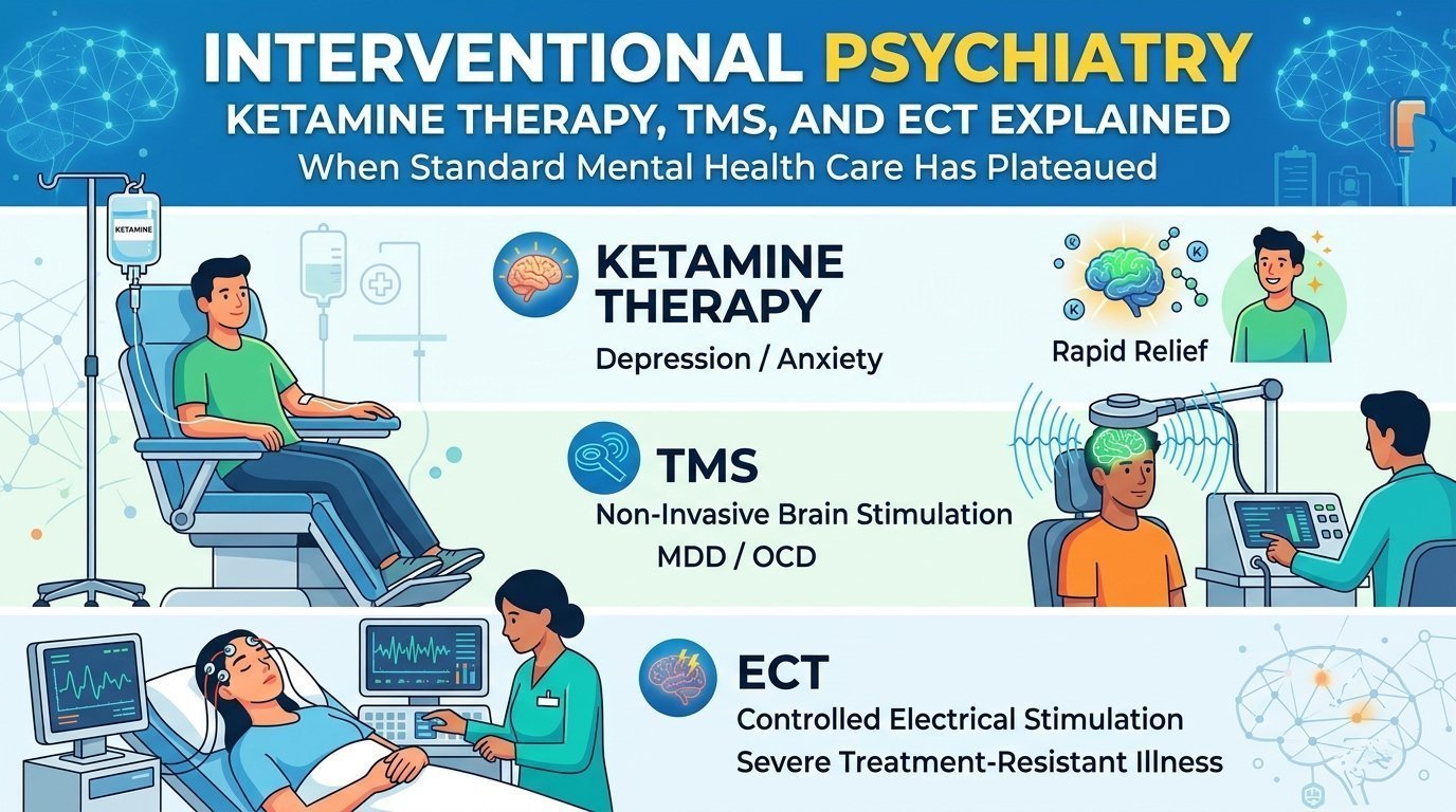 Ketamine Therapy, TMS, and ECT Explained: Interventional Psychiatry When Standard Mental Health Care Has Plateaued