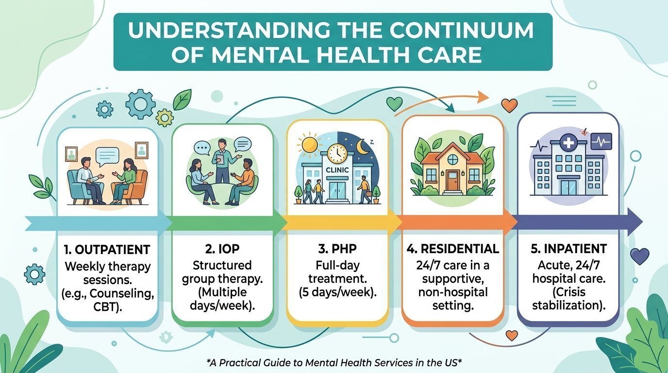 The Continuum of Mental Health Care: A Practical Guide to Outpatient, IOP, PHP, Residential, and Inpatient Treatment in the United States
