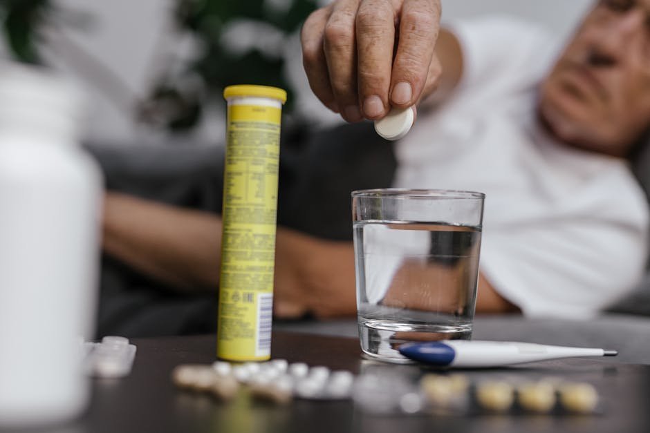 A medication bottle, a glass of water, and a phone displaying a telehealth app reminder, on a clean countertop