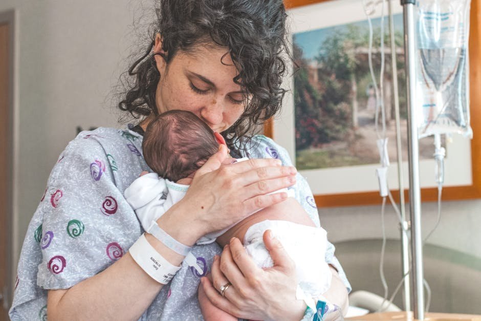 Mother holding baby at home recovery scene with sunlight through curtains and supportive partner nearby